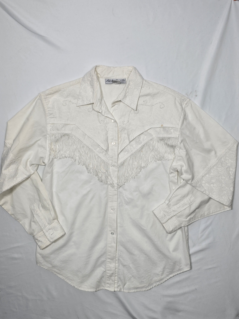Vintage 1994 Adobe Rose Western Fringe Beaded Embroidered Ivory Shirt Large